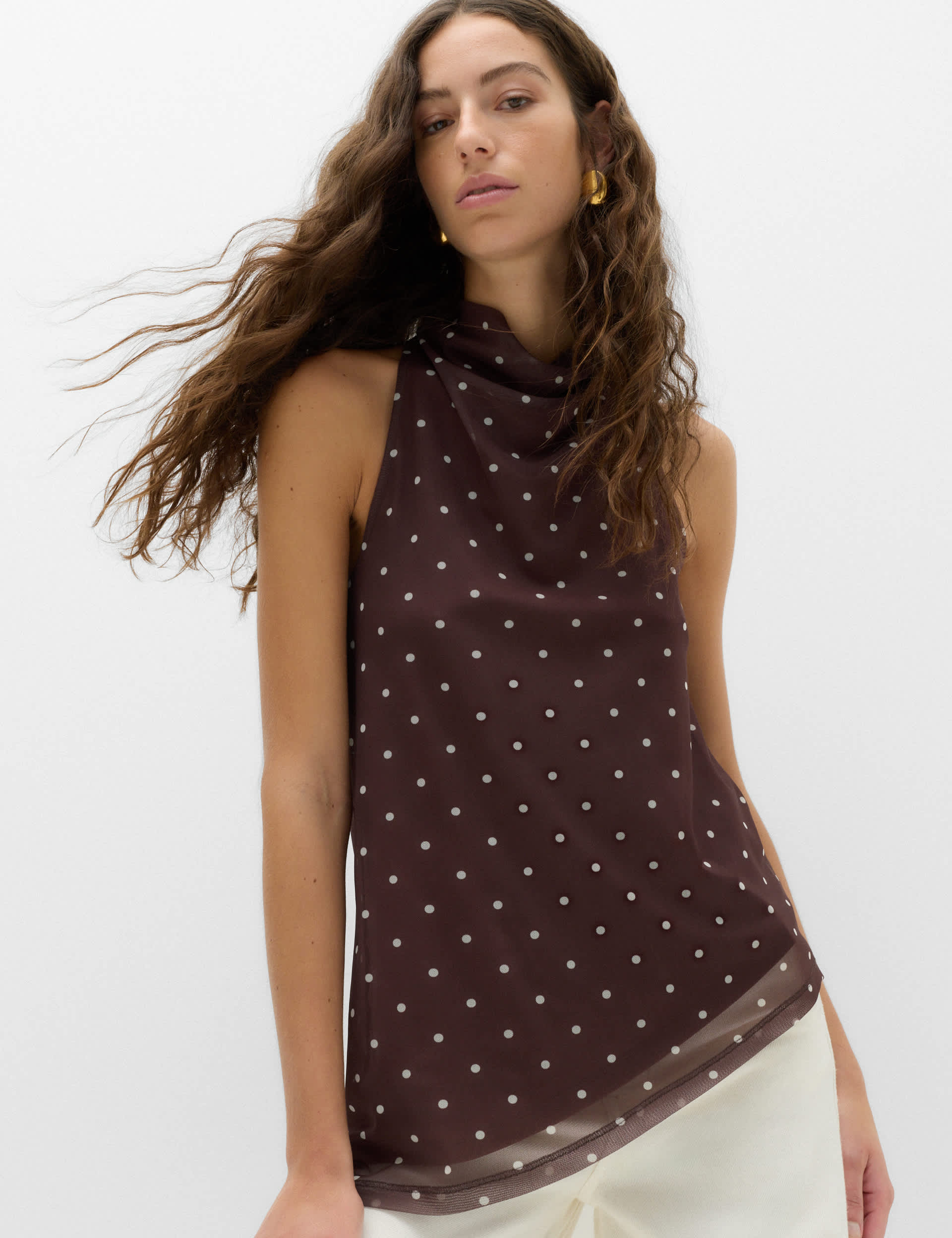 Mesh Polka Dot Cowl Neck Asymmetric Drape Vest