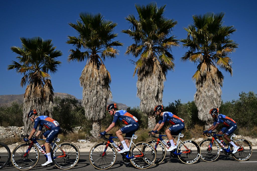 ORIHUELA SPAIN FEBRUARY 02 LR Davide De Pretto of Italy Felix Engelhardt of Germany Michael Matthews of Australia Hagos Berhe of Ethiopia and Team JaycoAlUla and a general view of the peloton competing during the 75th Volta a la Comunitat Valenciana 2024 Stage 3 a 1613km stage from San Vicente del Raspeig to Orihuela on February 02 2024 in Orihuela Spain Photo by Dario BelingheriGetty Images
