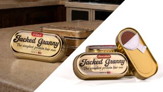 Jacked Granny protein bars in metal containers