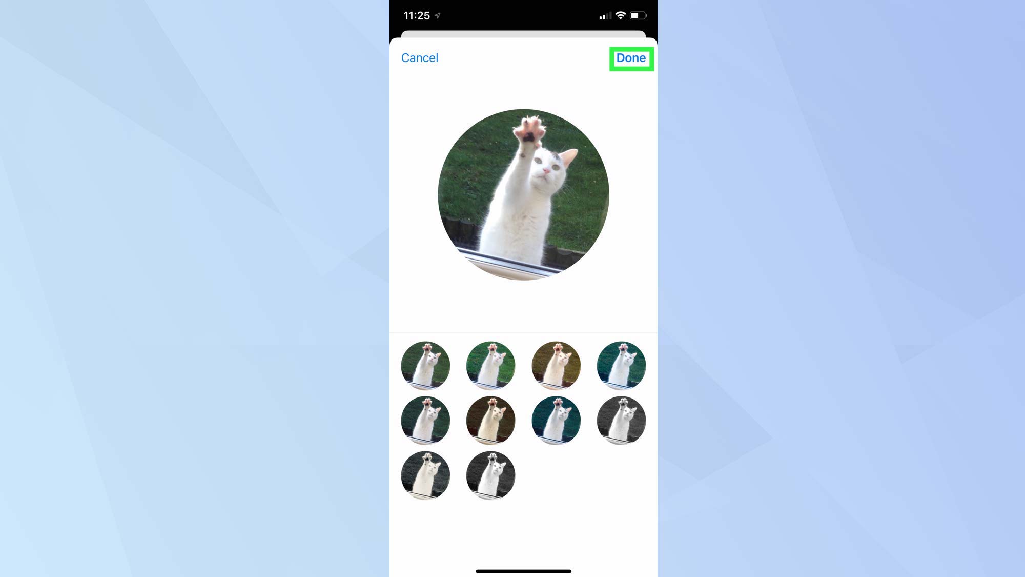Снимок экрана iOS 15, показывающий отредактированное фото контакта