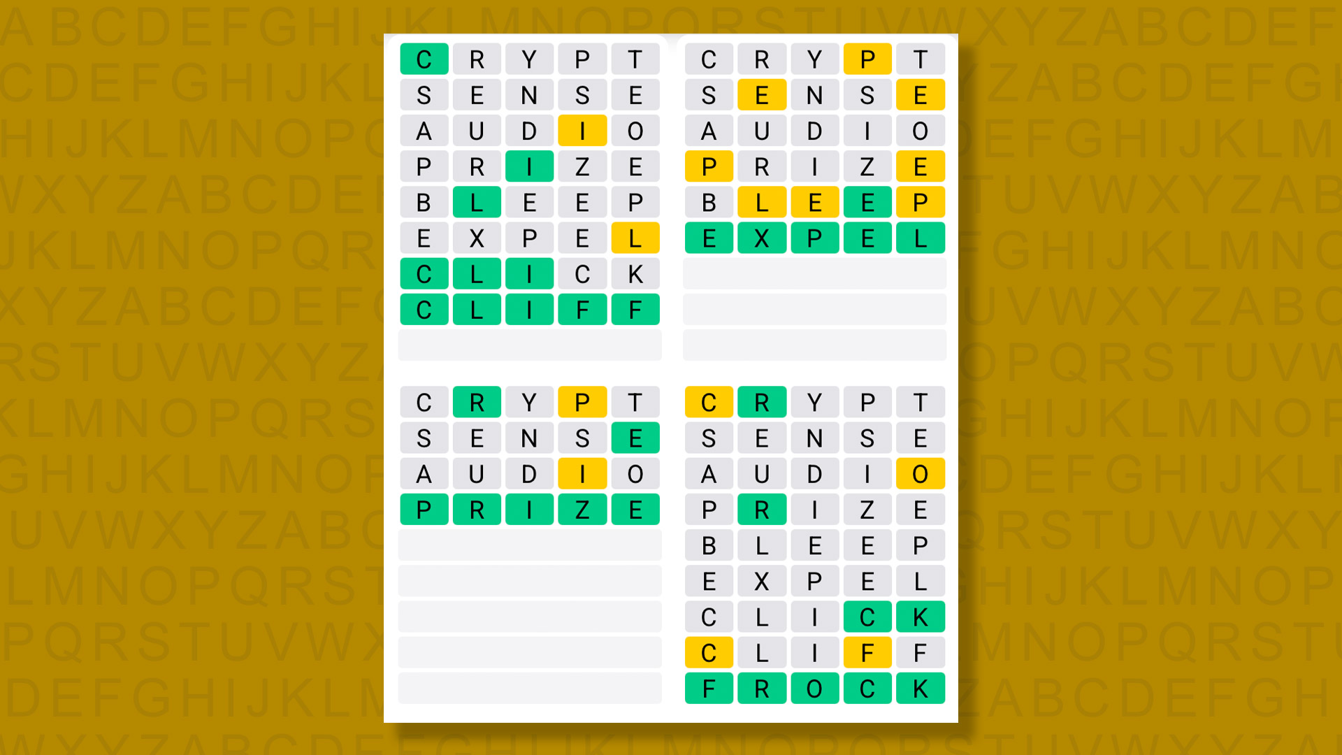 Quordle answers for game 1514 on a yellow background