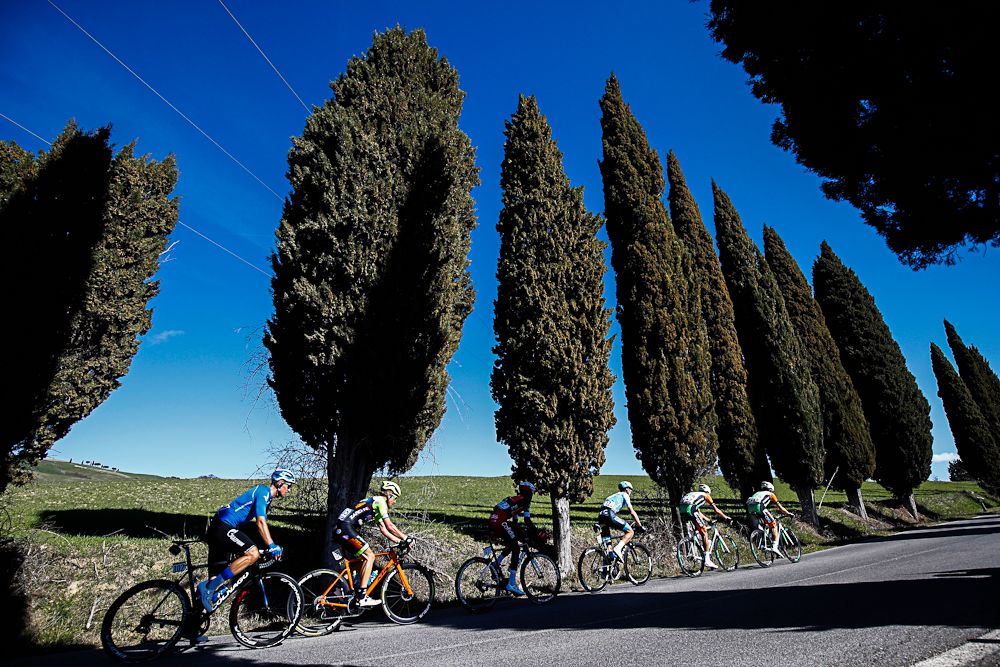 The Tirreno-Adriatico peloton in action during stage 3