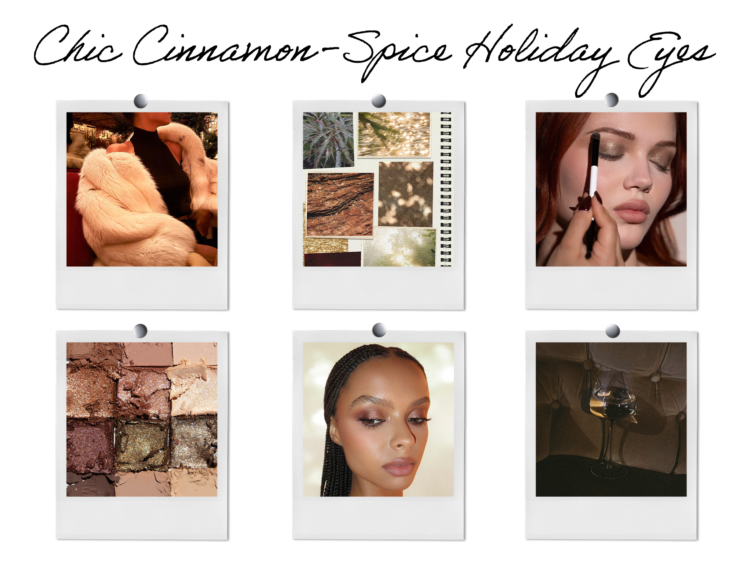 A holiday-inspired collage of aesthetic photos, holiday party images, and makeup inspiration.
