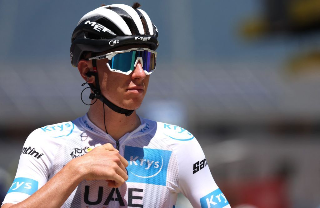 UAE Team Emirates teams Slovenian rider Tadej Pogacar wearing the best young riders white jersey awaits the start of the 13th stage of the 109th edition of the Tour de France cycling race 1926 km between Le Bourg dOisans in the French Alps and SaintEtienne in central France on July 15 2022 Photo by Thomas SAMSON AFP Photo by THOMAS SAMSONAFP via Getty Images