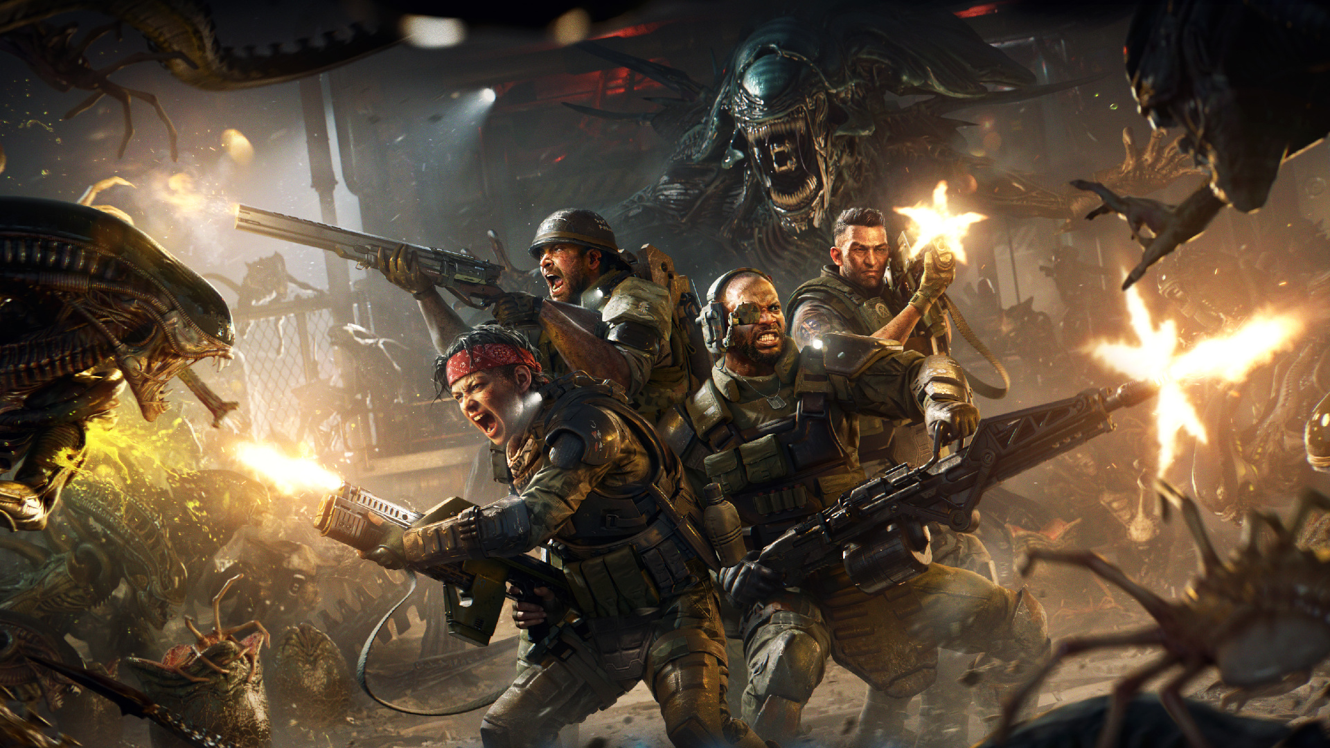 Key art for Aliens: Fireteam Elite 2 shows a squad of four players blasting desperately at oncoming xenomorphs who are aggresively approaching from all directions