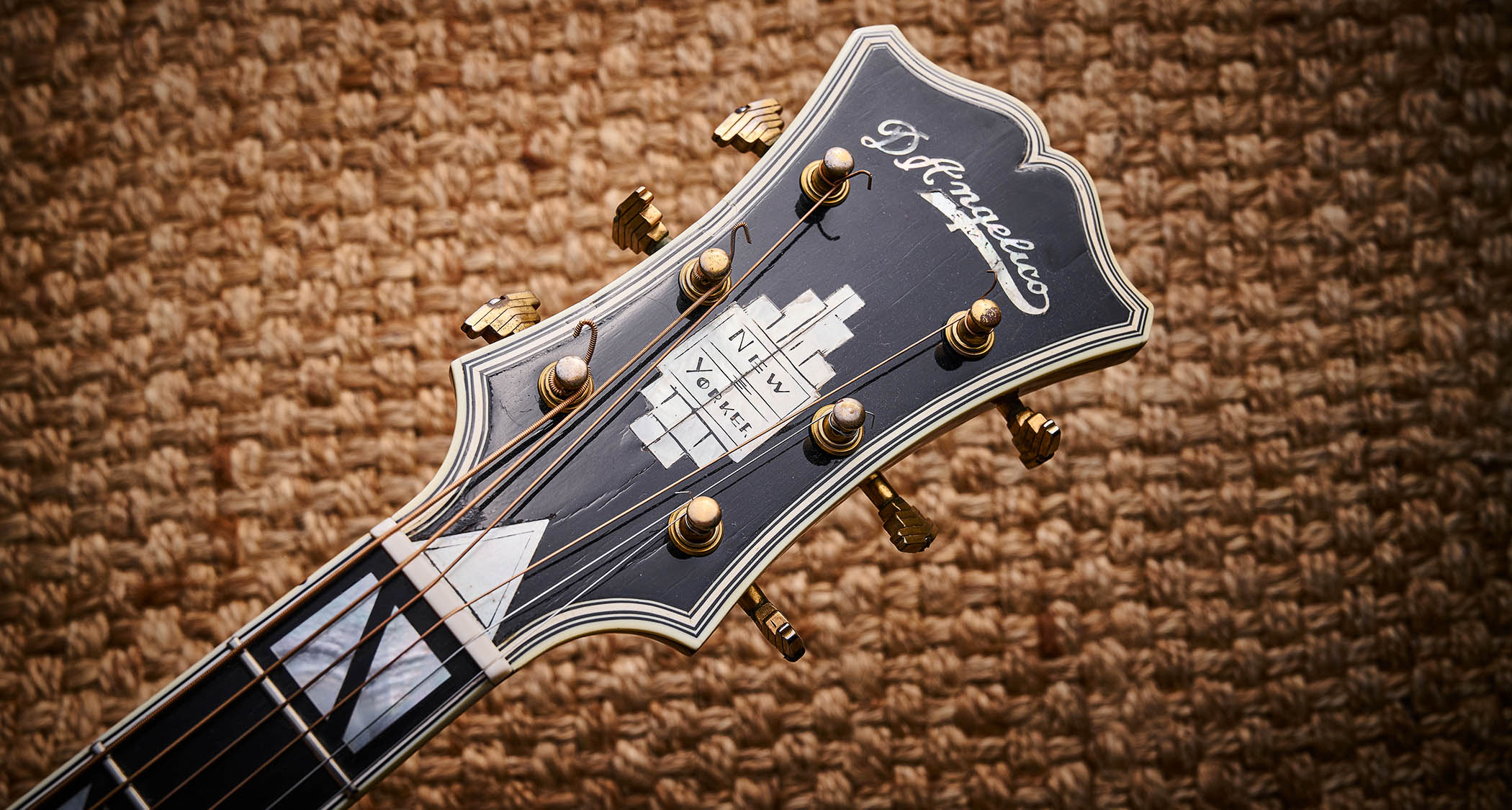 1942 D’Angelico New Yorker: the vintage archtop has a handsome brass tailpiece and decorative headstock that the NYC company would riff on in years to come.