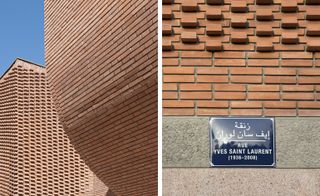Left: curved and intricate brickwork. Right: blue metal sign commemorating the life of Yves Saint Laurent