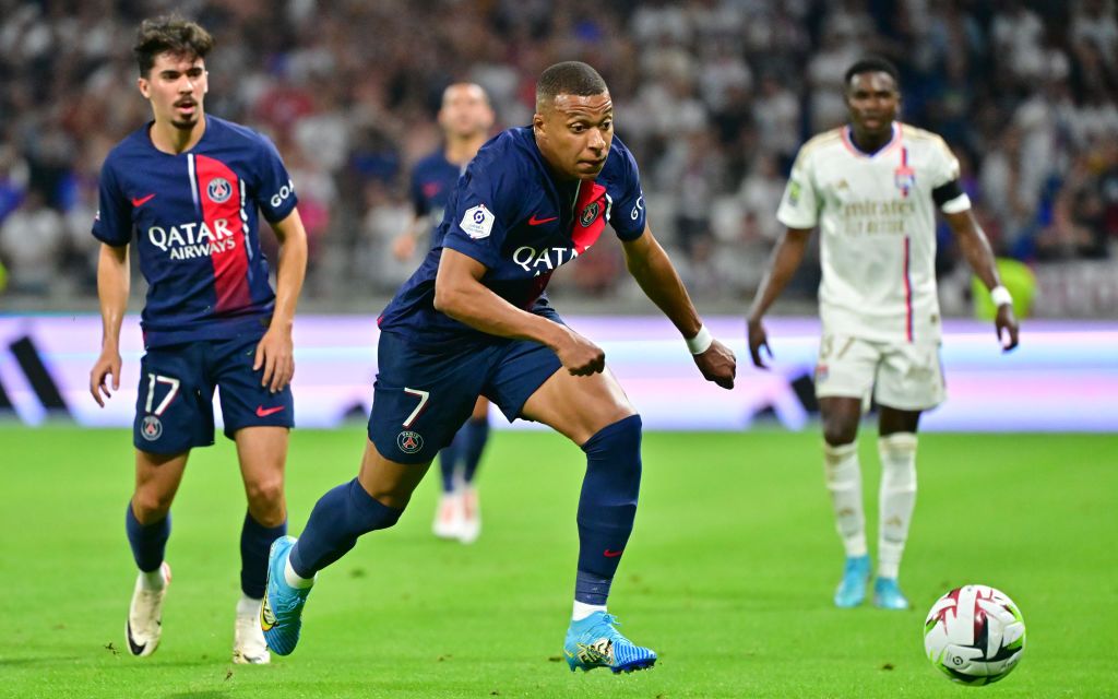 Kylian Mbappé of Paris Saint Germain in action during the French Ligue 1 between Olympique Lyonnais and Paris Saint Germain at Groupama Stadium on September 3, 2023 in Lyon France. (Photo by Christian Liewig - Corbis/Corbis via Getty Images)