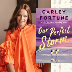 a split image of author carley fortune's headshot of her smiling and wearing an orange blouse opposite the cover of her novel our perfect storm featuring an image of surfers on a beach