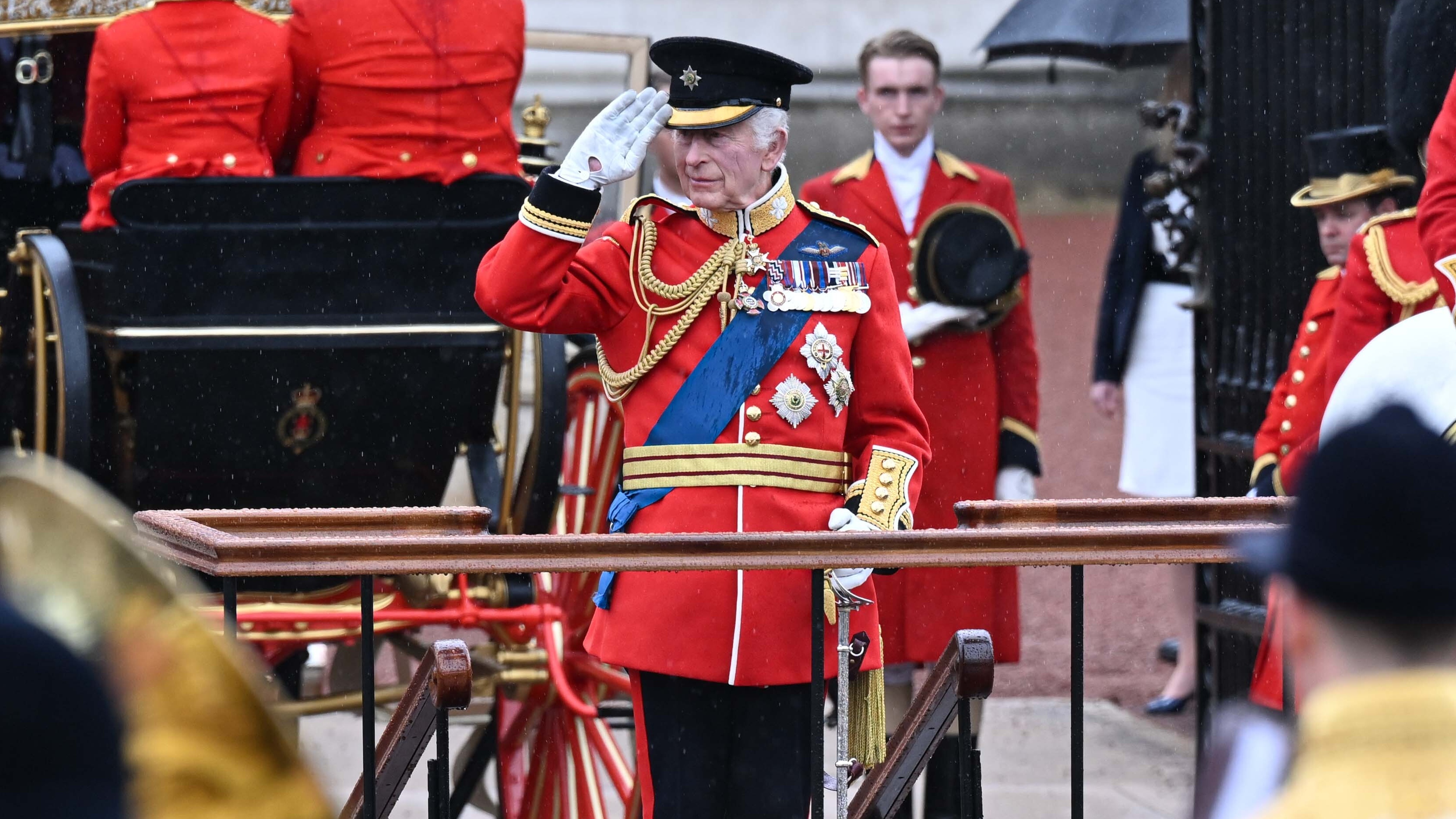 King Charles III salutes the soldiers during 'Trooping the Colour' parade 2024