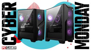 Two MSI gaming desktop PCs on a Cyber Monday background