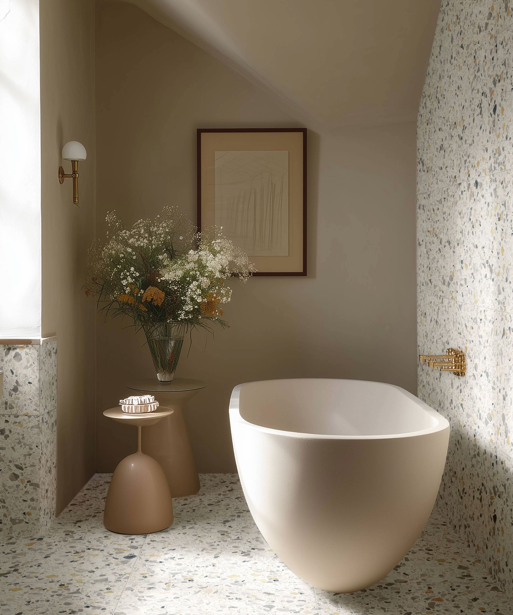 Tiling idea for small bathroom with terrazzo on wall and floor