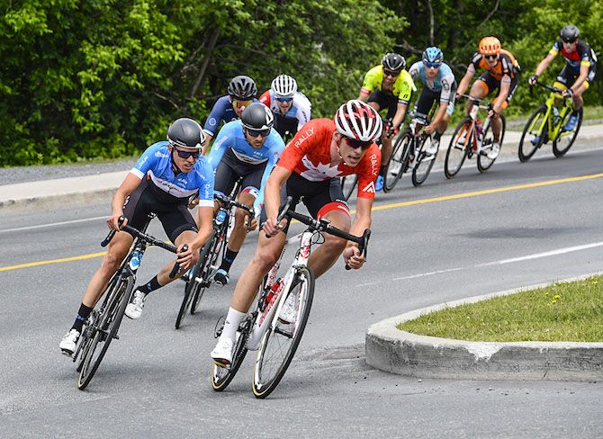 Canadian road champ Matteo Dal-Cin (Rally Cycling) leading the nine-rider break