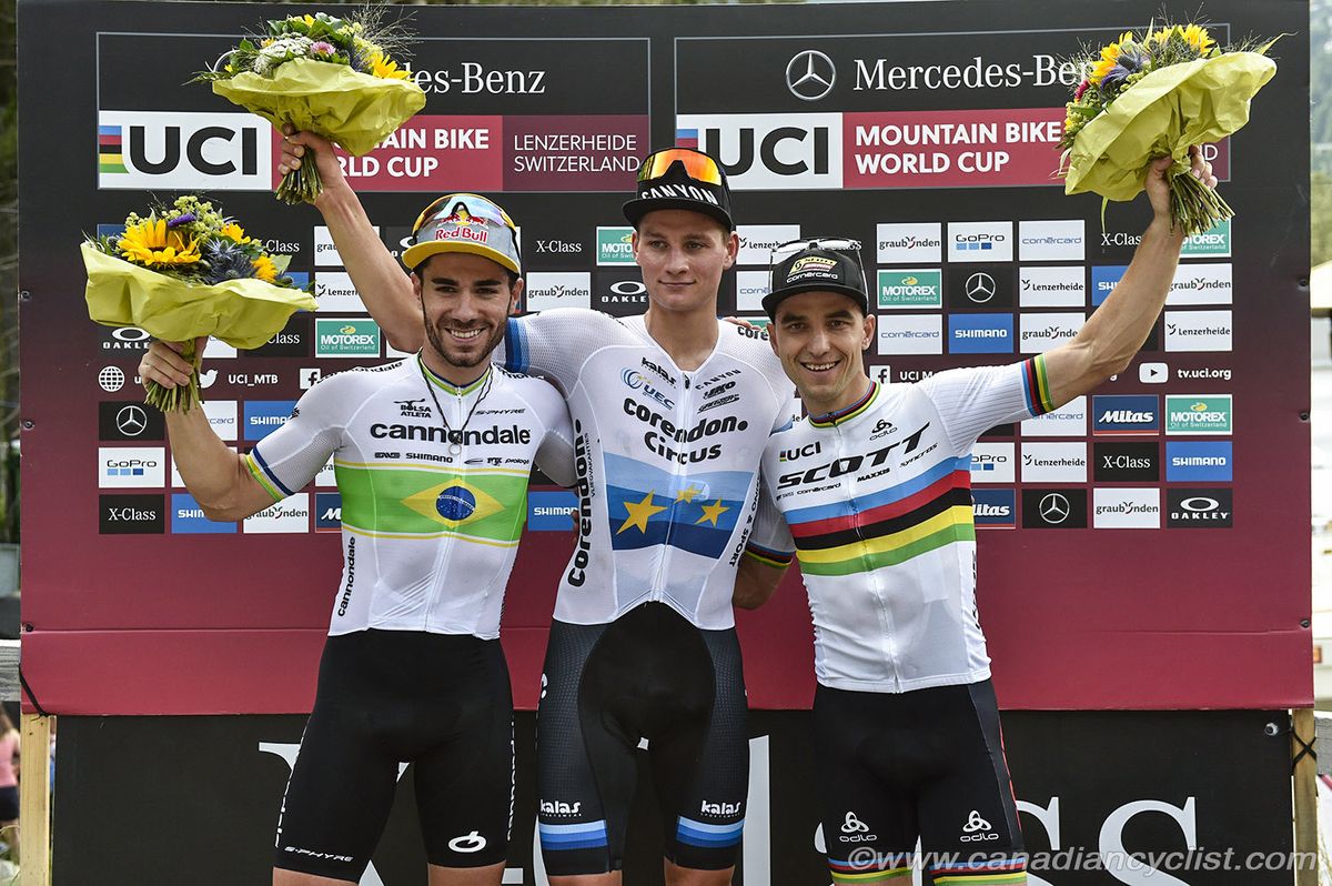 Left to right: Henrique Avancini, Mathieu van der Poel, Nino Schurter