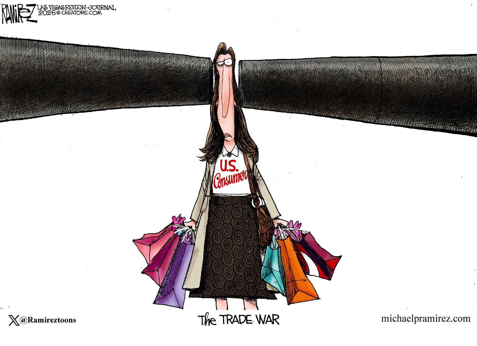 
                                This cartoon is titled “The Trade War”. It depicts a woman labeled “U.S. Consumer” with many shopping bags in her hands. Threatening barrels of a big gun emerge from both sides of the cartoon with her head stuck in the middle. 
                            