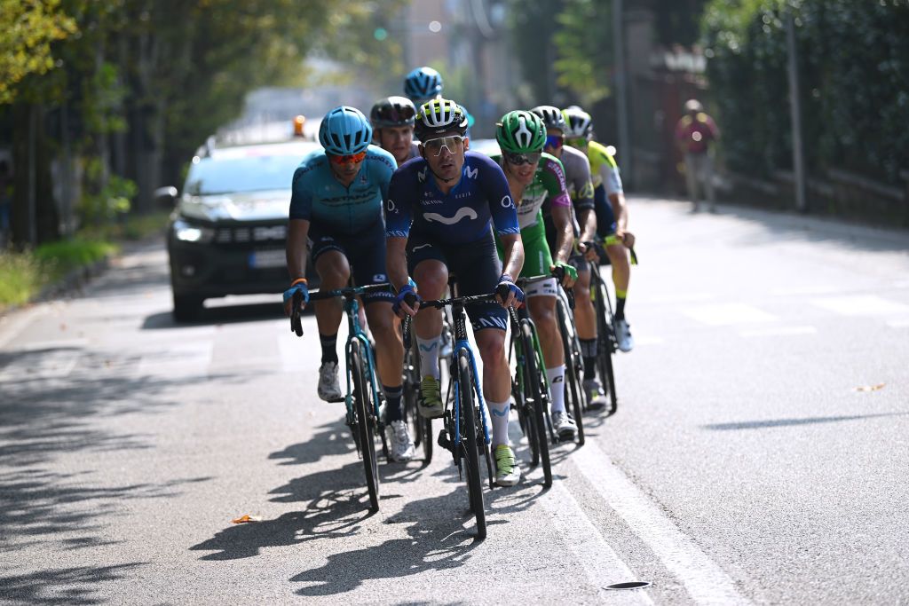 VARESE ITALY OCTOBER 03 Gonzalo Serrano of Spain and Movistar Team leads the breakaway during the 102nd Tre Valli Varesine 2023 a 19654km one day race from Busto Arsizio to Varese on October 03 2023 in Varese Italy Photo by Dario BelingheriGetty Images