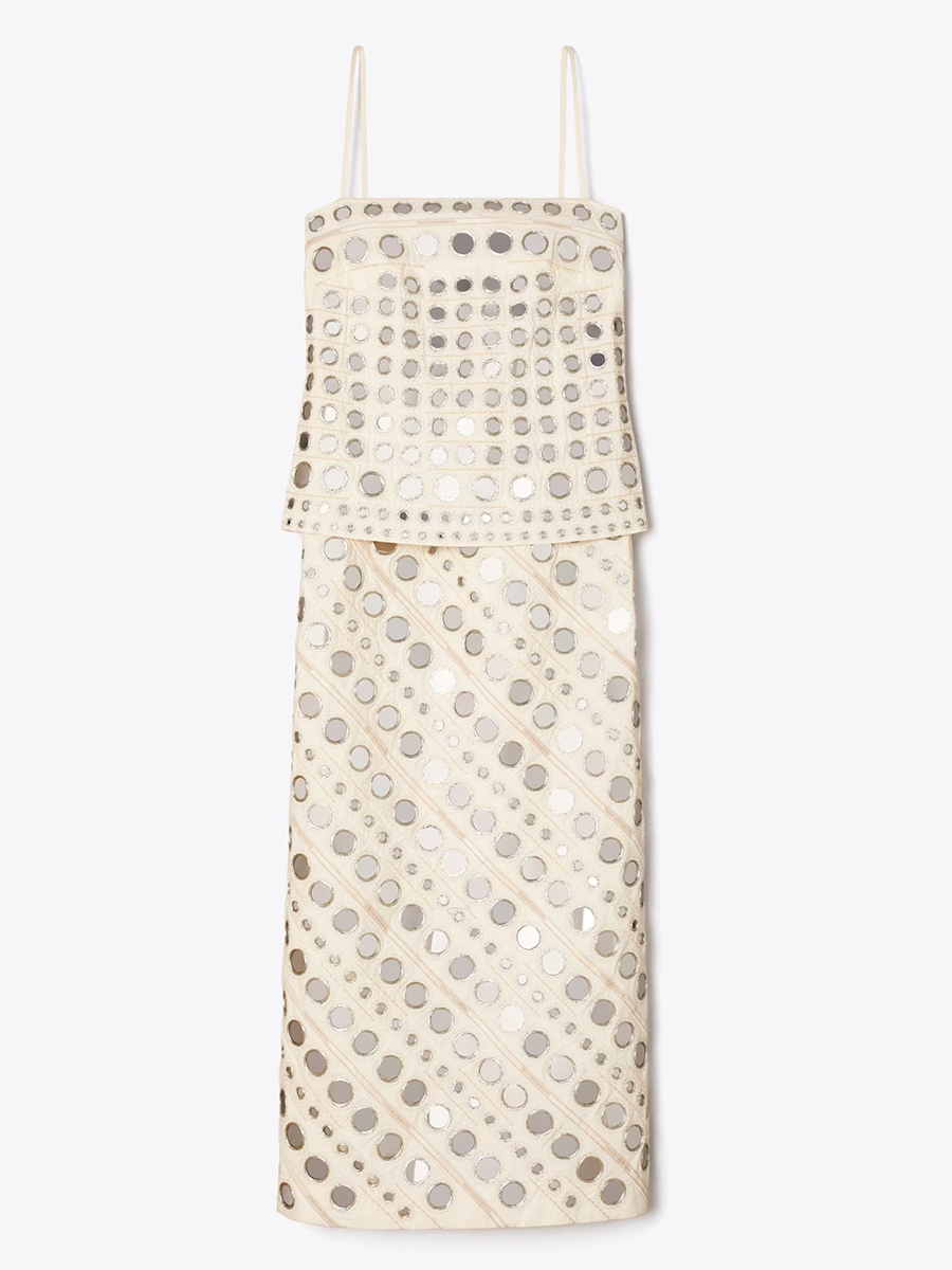 Mirror Embellished Cotton Dress in Pink, Size 14