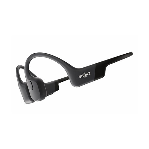 Black Shokz OpenRun bone conduction headphones on a white background