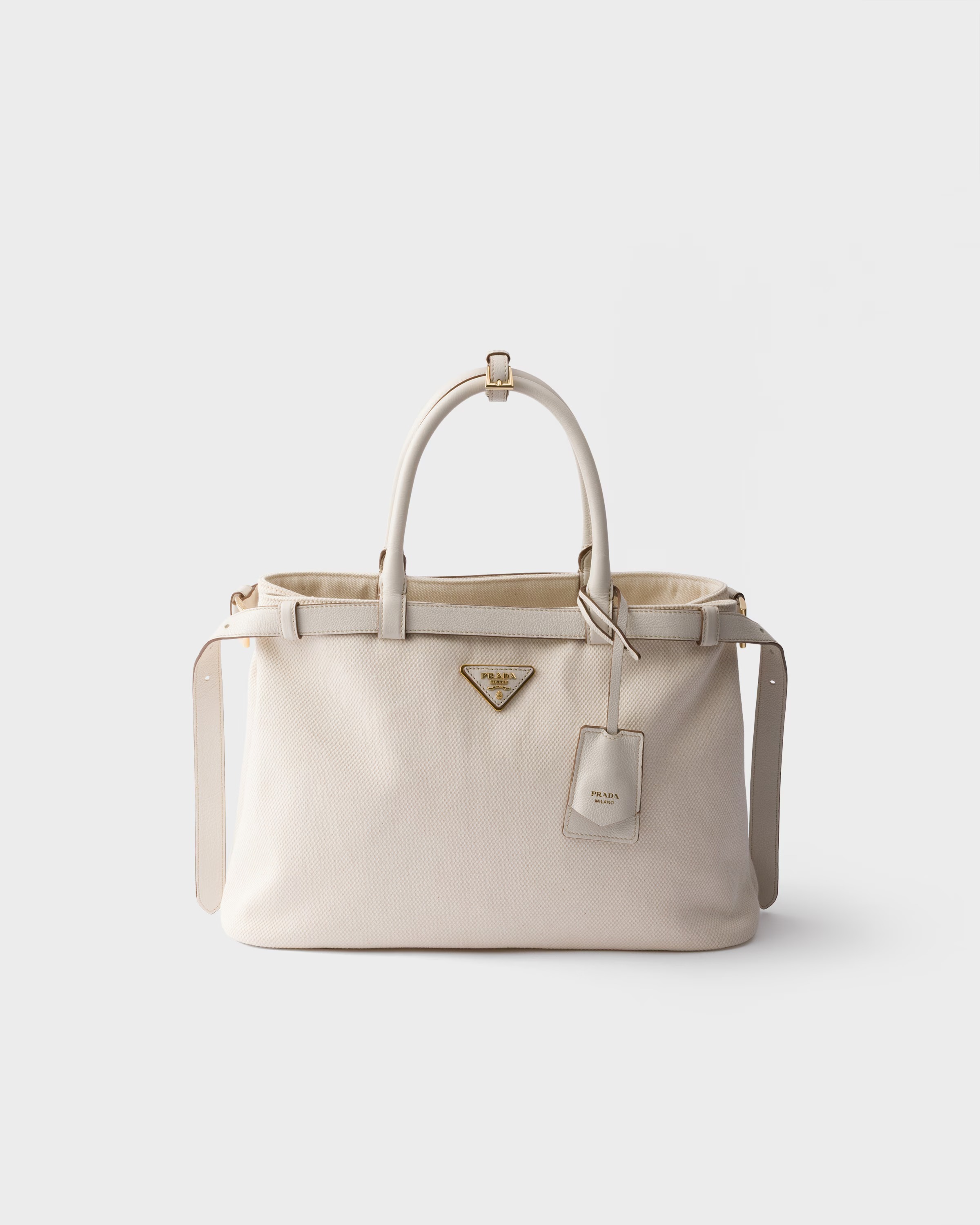 Prada, Prada Buckle medium cotton canvas and leather bag