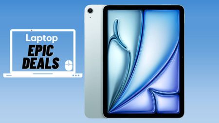 Blue iPad Air M3 against blue gradient background with epic deals badge on the left.