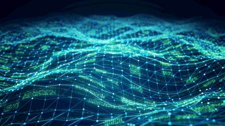 Network wave and digital data connection on a dark background