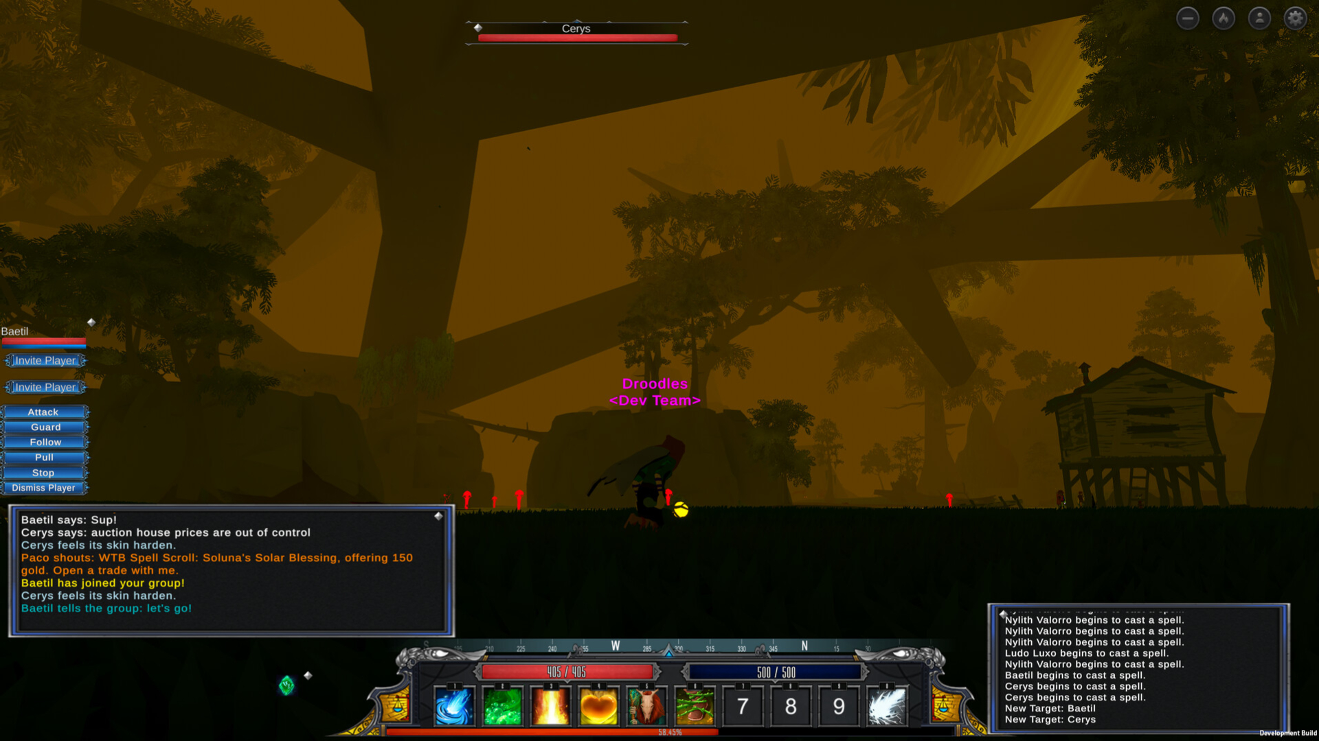 An Erenshor player sprints through a gloomy, swampy wood.