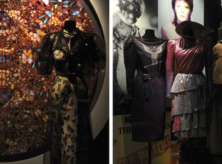 Left: A butterfly print dress by Elsa Schiaparelli from S/S 1937 in front of a Damien Hirst. Right: a Claude Montaana dress from S/S 1979, paired with a Thierry Mugler look from S/S 1979