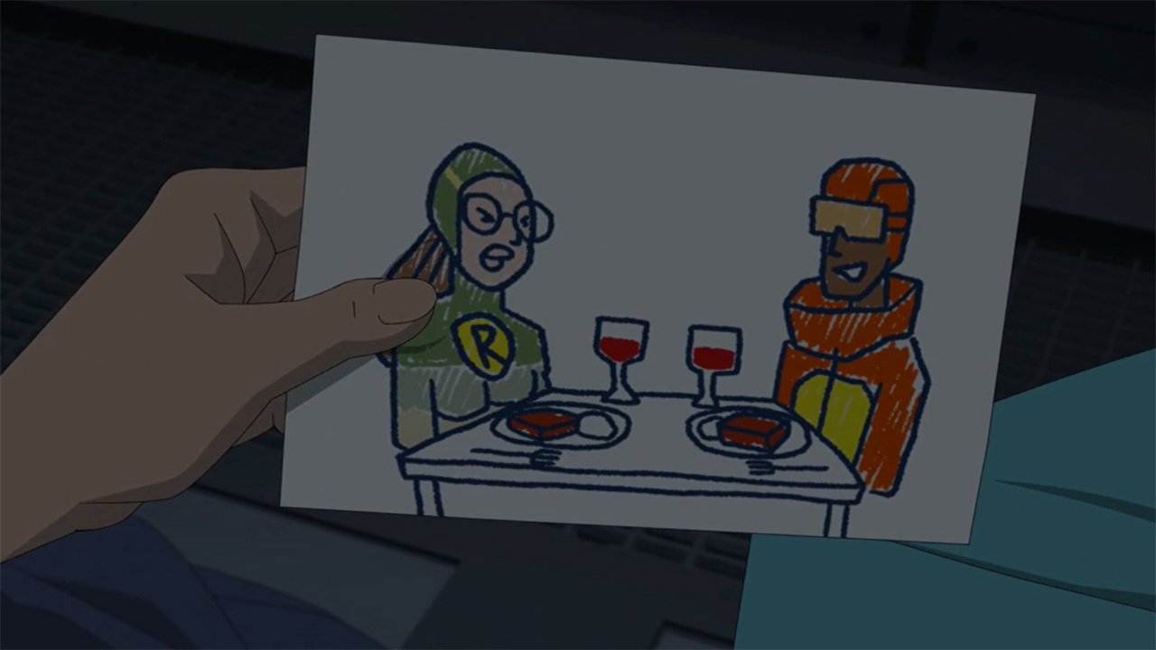 A drawing of Rae and Rex sitting down to eat dinner in Invincible season 3