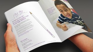 Photo of a pencil, doodle illustrations and a photo of a child drawing, in this annual report booklet