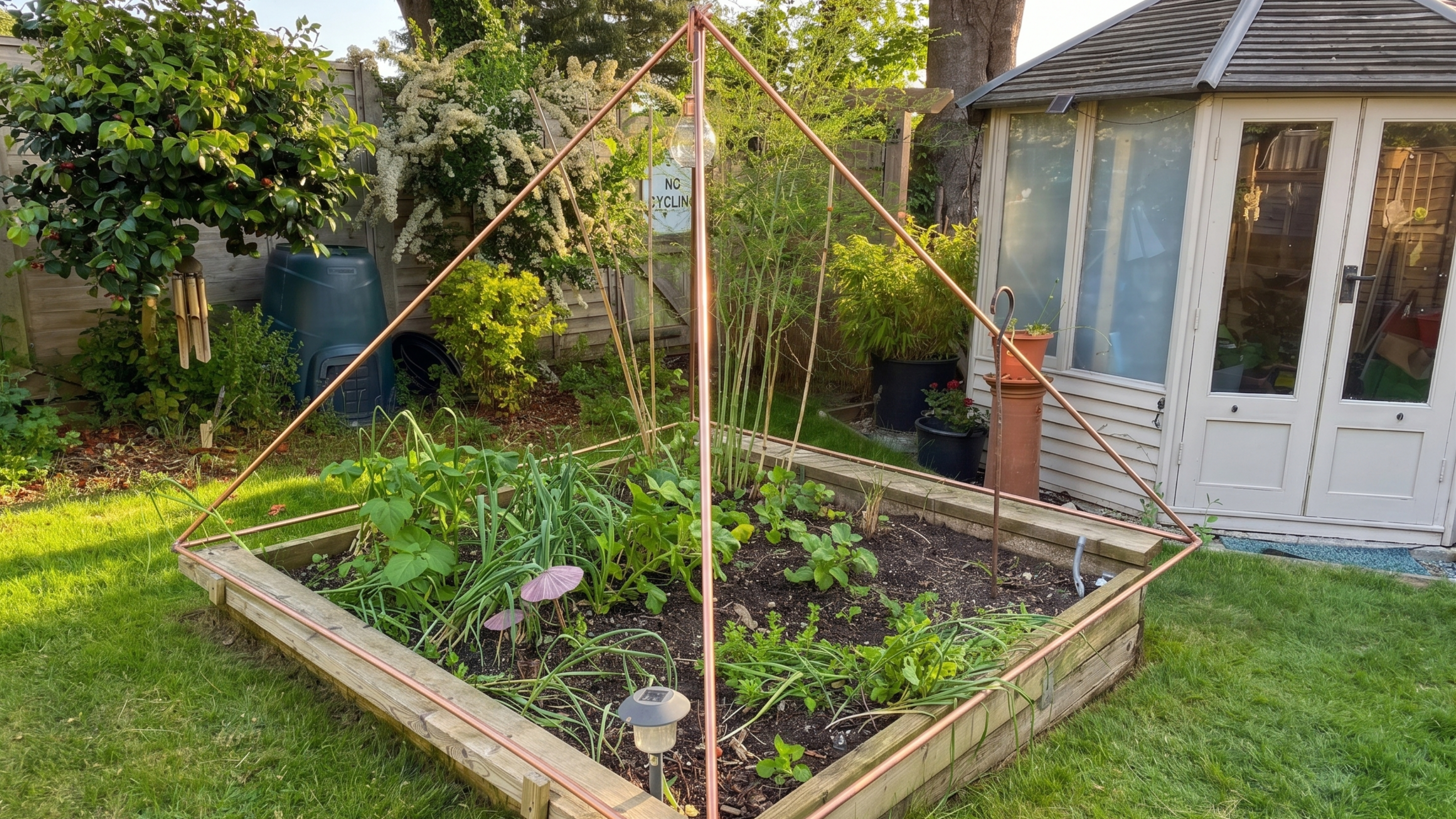 Copper pyramid installed over raised bed filled with vegetables