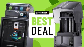 An Anycubic Kobra S1 Combo and Elegoo Saturn 4 on either side of a GamesRadar+ best deal badge, against a green background