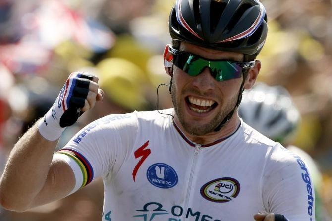 Mark Cavendish (Omega Pharma-QuickStep) celebrates his victory in stage 13, the Manxman's second win at the 2013 Tour de France.