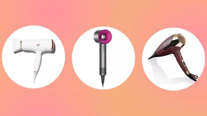 Collage of three of the best hair dryers for curly hair featured in this guide from T3, Dyson, and ghd