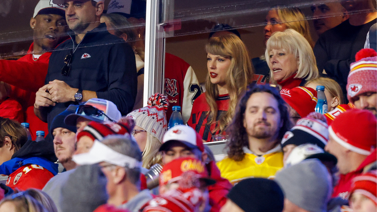 Taylor Swift reacts with Donna Kelce during the game between the Buffalo Bills and the Kansas City Chiefs at GEHA Field at Arrowhead Stadium on December 10, 2023 in Kansas City, Missouri.