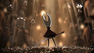 The protagonist of Hollow Knight Silksong, Hornet, looks up at a crowd of bugs suspended from the ceiling in web