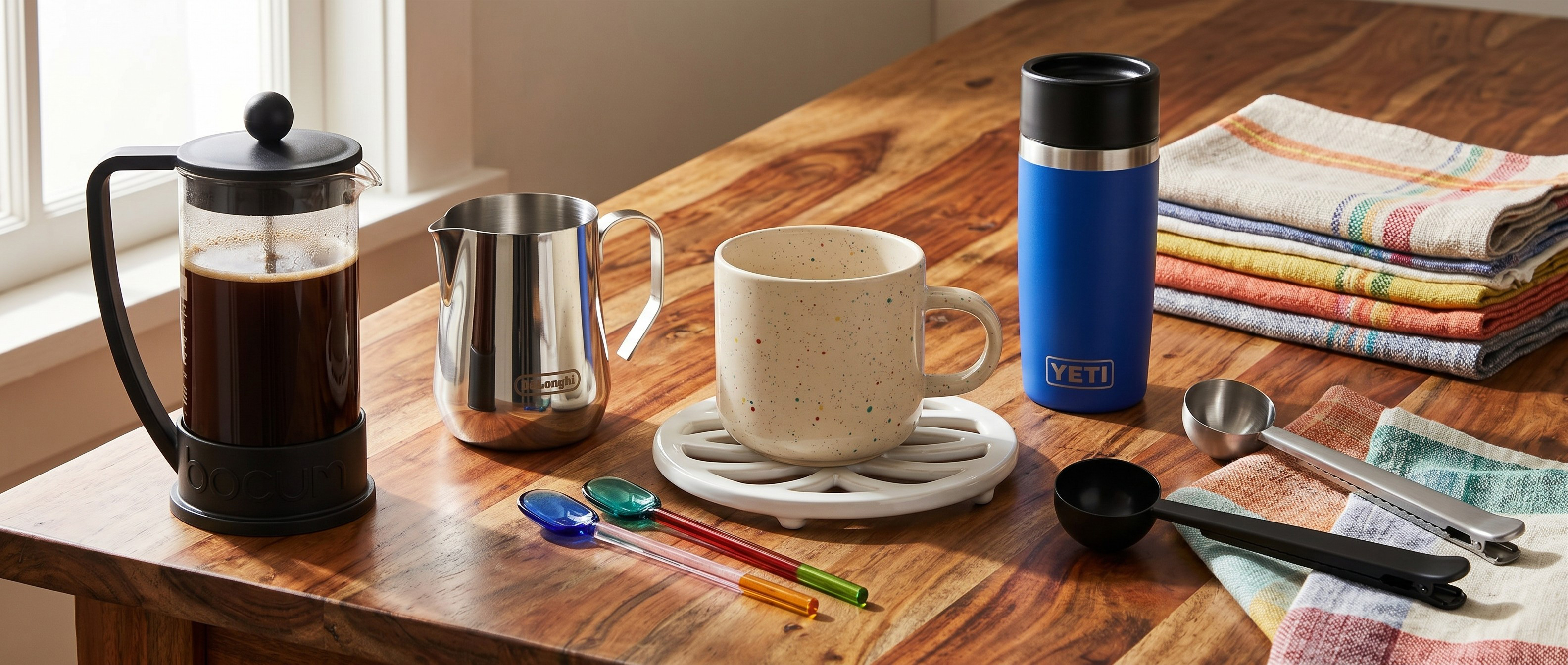 Selection of coffee accessories on a wooden table with colorful linens