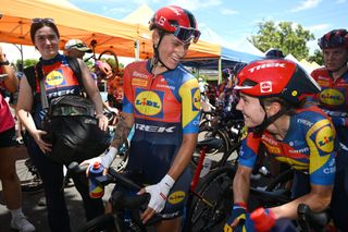 ADELAIDE AUSTRALIA JANUARY 26 LR Race winner Clara Copponi of France and Niamh FisherBlack of New Zealand and Team Lidl Trek react after the Schwalbe Womens OneDay Classic 2025 a 899km one day race from Adelaide to Adelaide on January 26 2025 in Adelaide Australia Photo by Dario BelingheriGetty Images