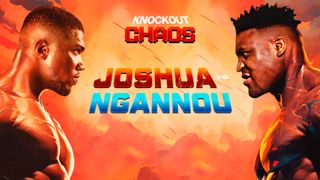 DAZN promotional boxing bill for the Anthony Joshua vs Francis Ngannou live stream depicting Joshua head to head with Ngannou on a stormy red background
