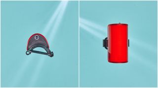 Bird's eye and front view of the Knog Mid Cobber Rear Bike Light on a blue background