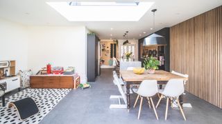 L shaped open plan kitchens with a working and play area
