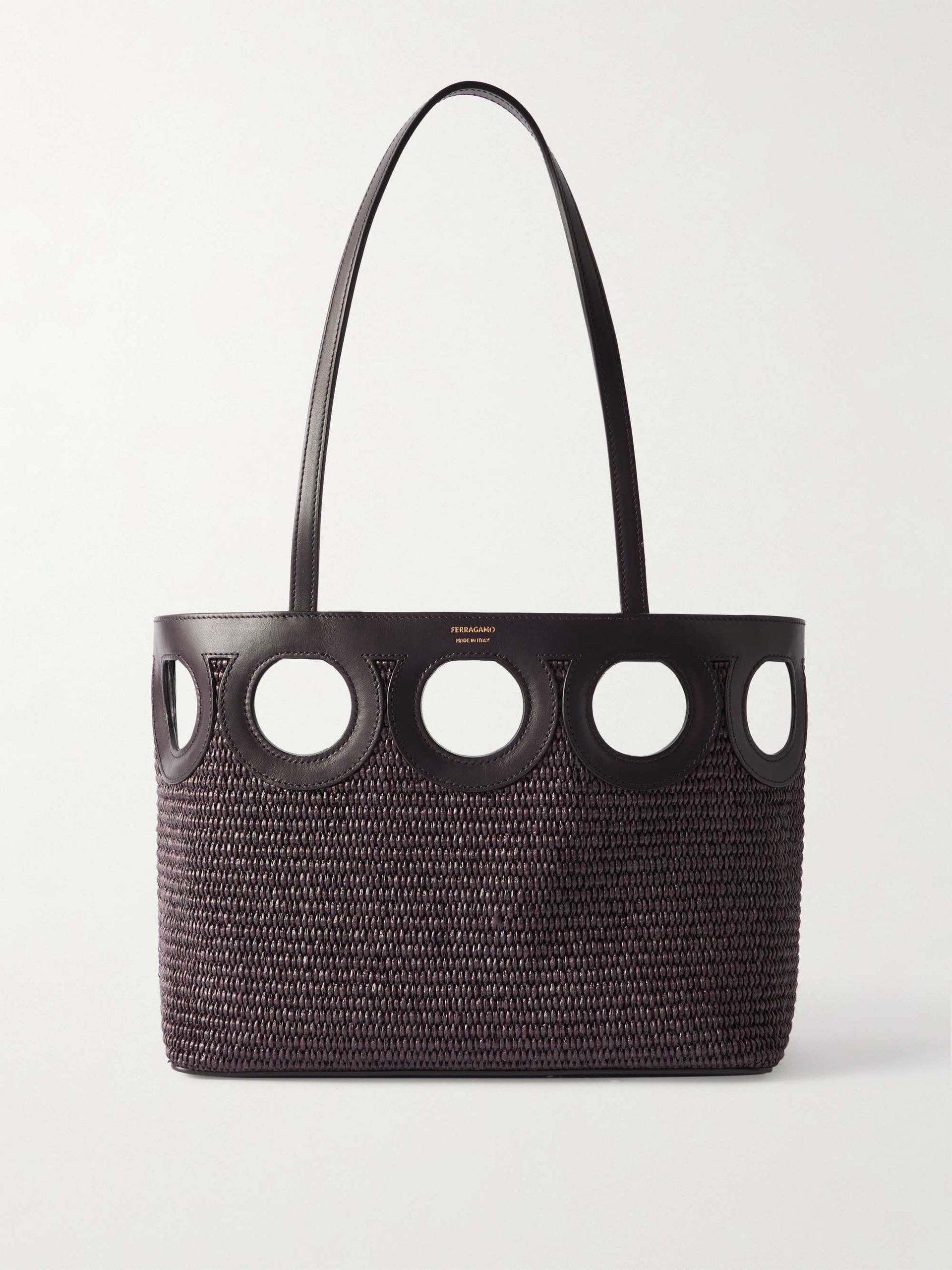 Leather-Trimmed Raffia Tote