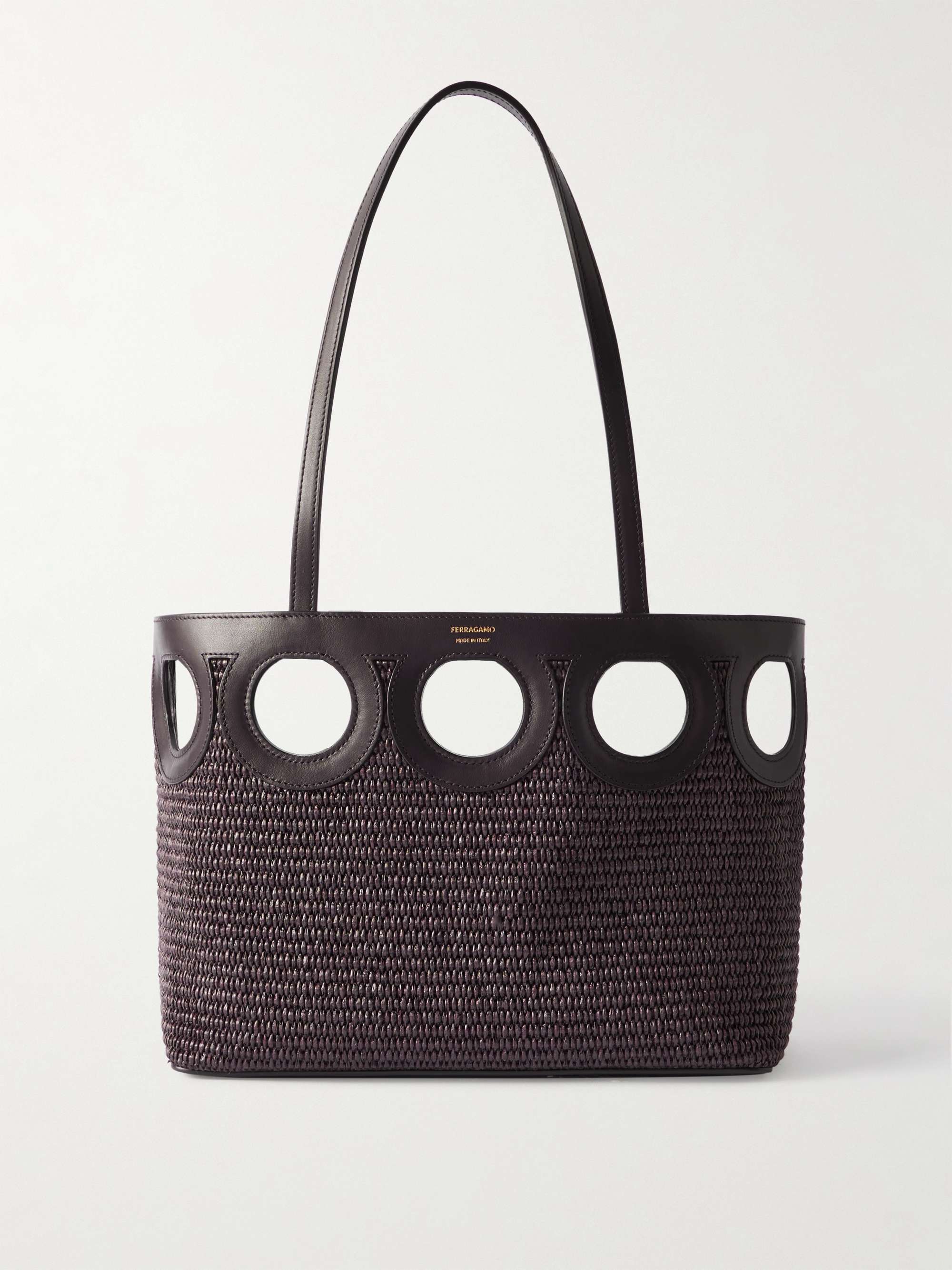Leather-Trimmed Raffia Tote