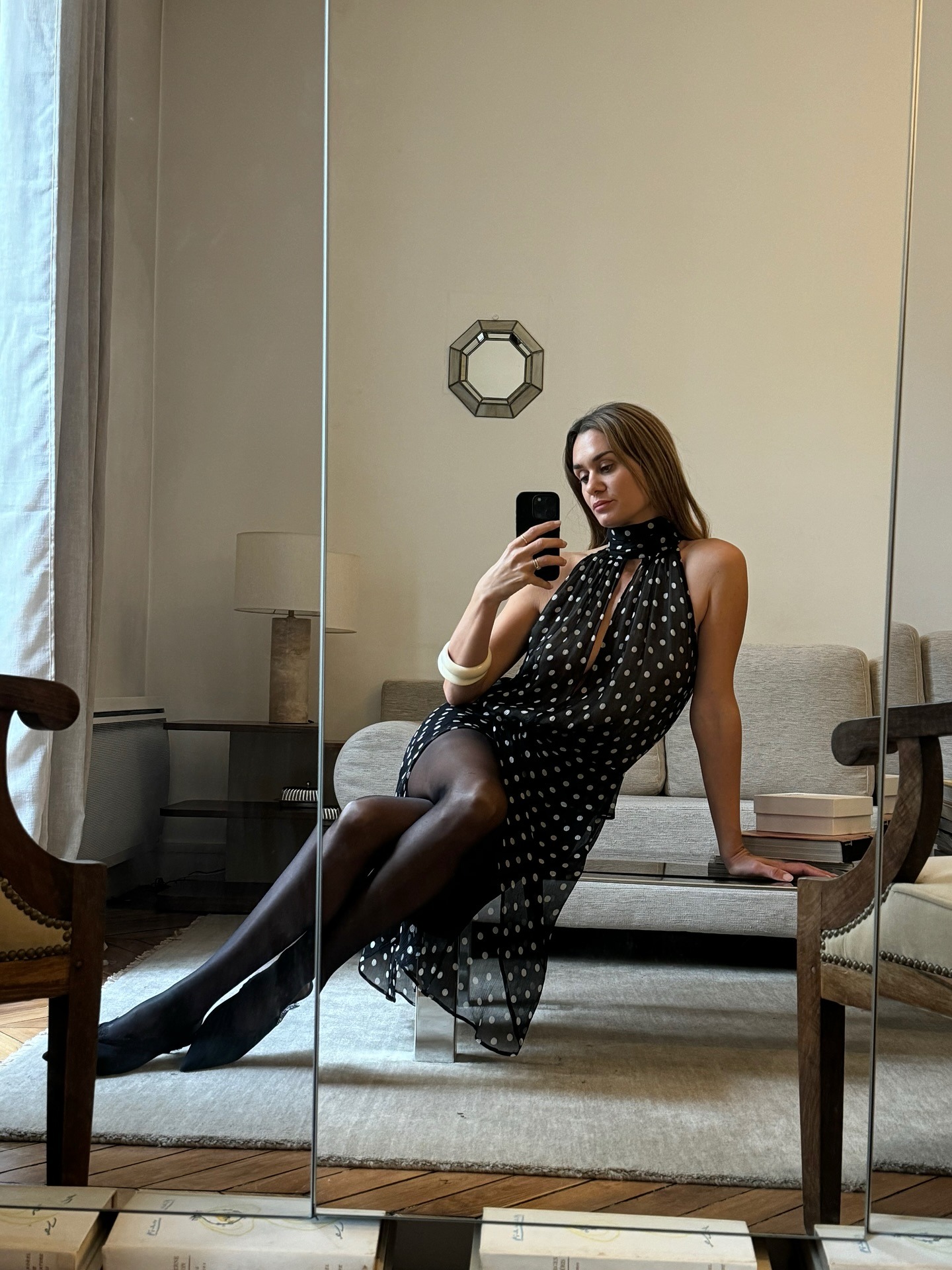 @annelauremais in a polka dot dress