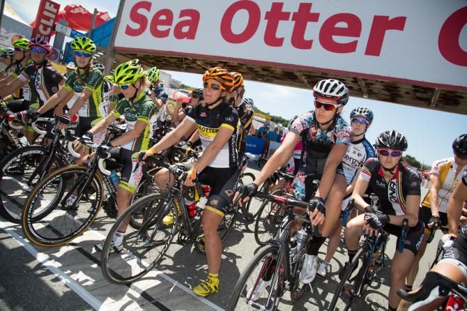 Pro women's field awaits the start of stage two on the Laguna Seca Raceway.