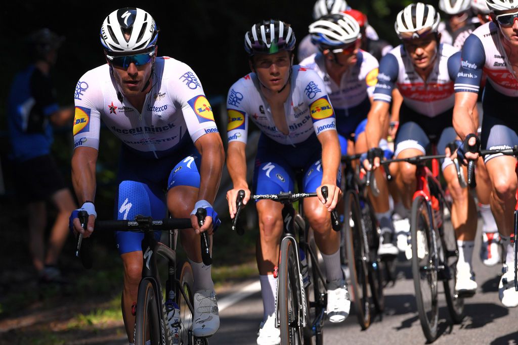 BIELSKOBIALA POLAND AUGUST 07 Florian Senechal of France and Team Deceuninck QuickStep Remco Evenepoel of Belgium and Team Deceuninck QuickStep during the 77th Tour of Poland 2020 Stage 3 a 2031km stage from Wadowice to BielskoBiaa 433m TourdePologne tdp20 on August 07 2020 in BielskoBiala Poland Photo by Luc ClaessenGetty Images