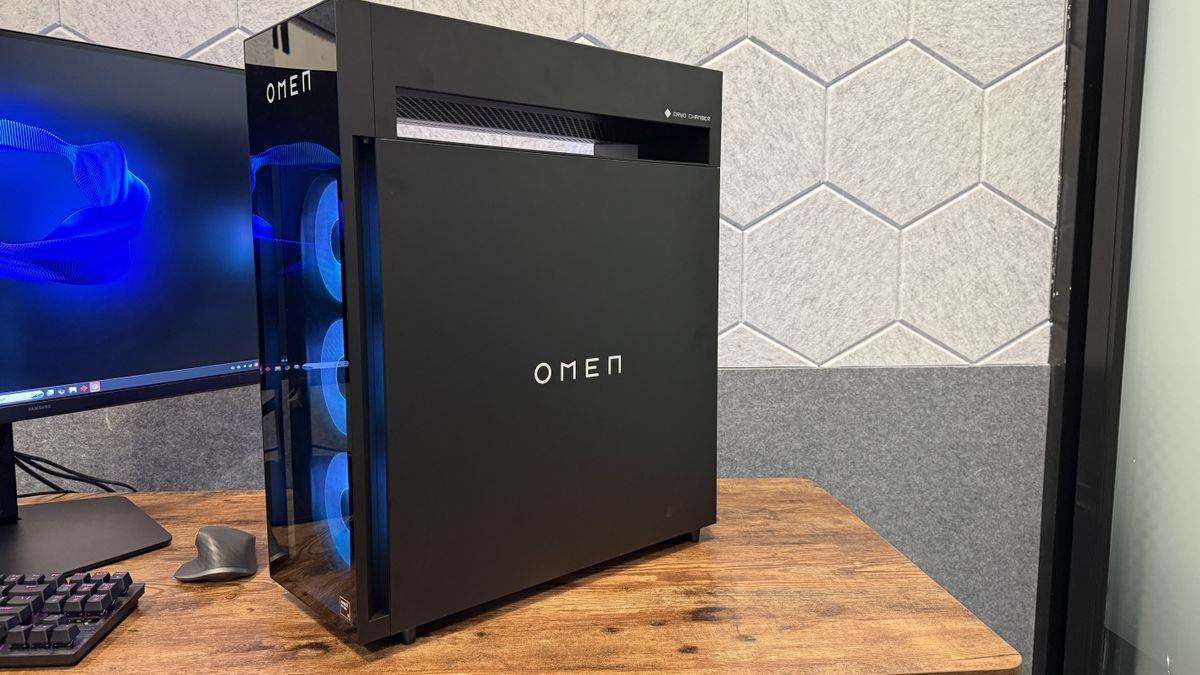 The HP Omen Max 45L seen from the side showing off its Cyro chamber and top radiator
