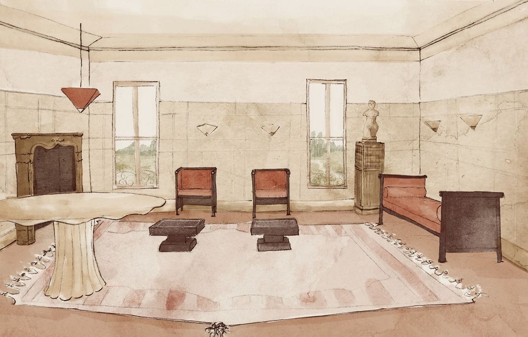 Render of furniture arranged in a room