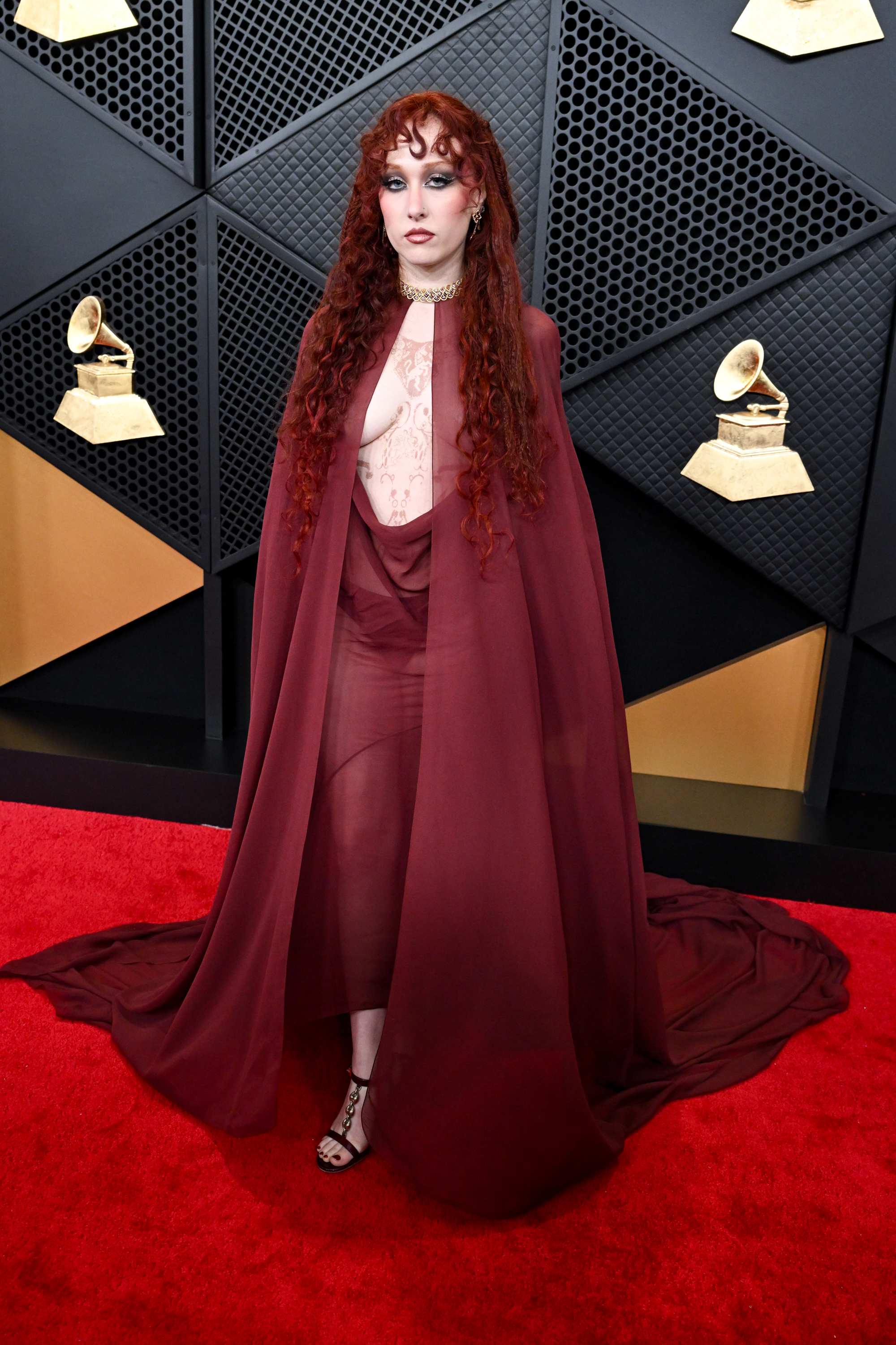 Chappell Roan attended the 2026 Grammy Awards in a burgundy Mugler gown