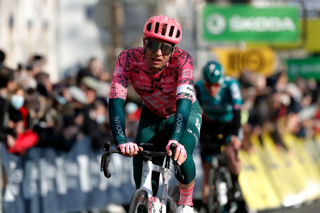 ORLEANS FRANCE MARCH 07 Stefan Bissegger of Switzerland and Team EF Education Easypost reacts after cross the finishing line during the 80th Paris Nice 2022 Stage 2 a 1592km stage from Auffargis to Orlans ParisNice on March 07 2022 in Orleans France Photo by Bas CzerwinskiGetty Images