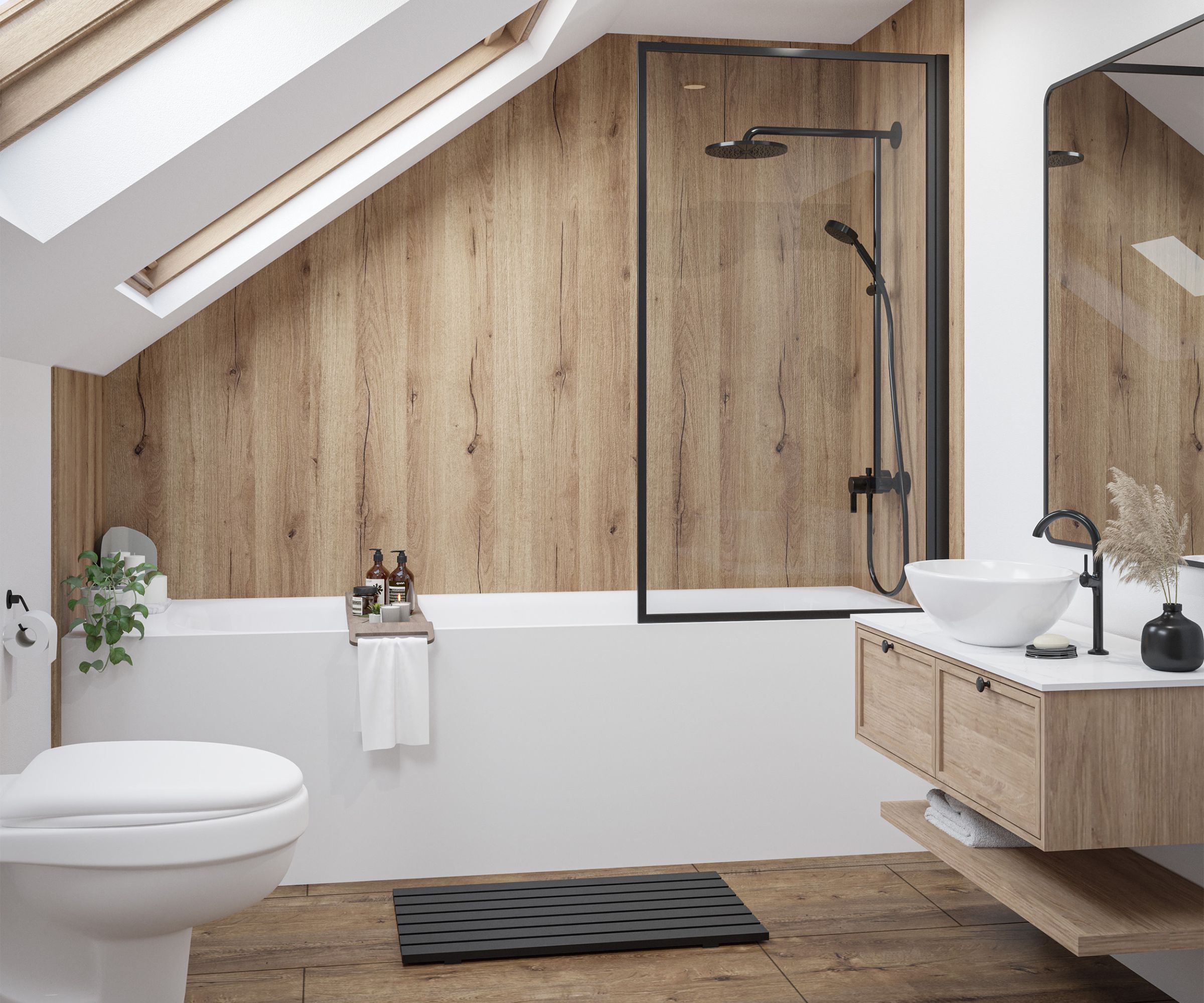 A small loft conversion bathroom with a bath shower combination with pine effect wall panels